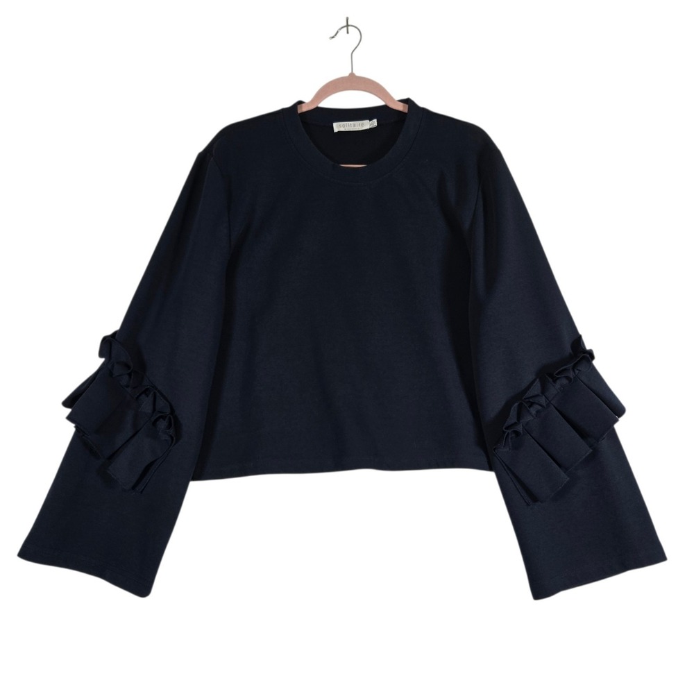 Solitare Boxy Cropped Sweatshirt Womens XL Navy Blue Long Sleeve Pullover Knit